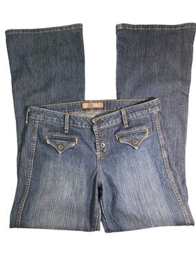 Vintage Y2K L.E.I. Low Rise Flared Whiskered Euro Blue Jeans Sz 32x30 Boho 90s